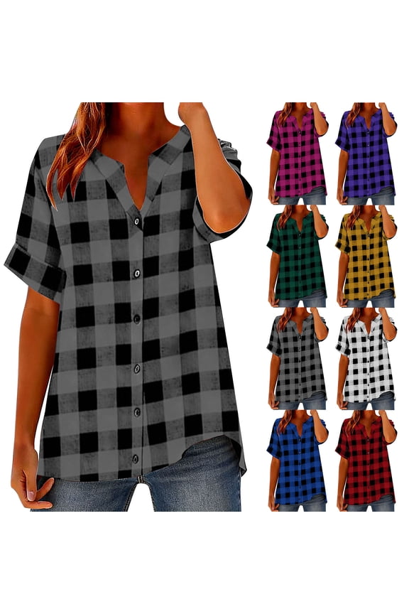 Women's Loose Fit Short Sleeve Button Down Shirt Tops Blouses Tunic, Casual Checkered Plaid Pattern Soft Breathable, Business Office Vacation Travel Fashion Essential Gift for Ladies