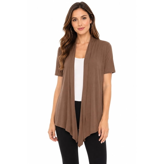 Women's Loose Fit Short Sleeve Draped Open Front Office Wear Solid Cardigan Mocha M