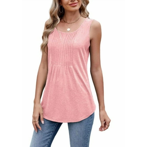 Women's Loose Fit Sleeveless Tank Top, Solid Color, Crew Neck, Lightweight Ribbed Fabric, Available in Pink & White