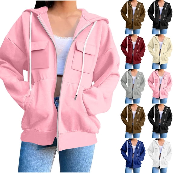 Women's Loose Fit Solid Color Hooded Sweatshirt Pullover Coat Top Long Sleeve Pocket Casual Fashion Outerwear for Fall Winter | CSEONE,Gray L