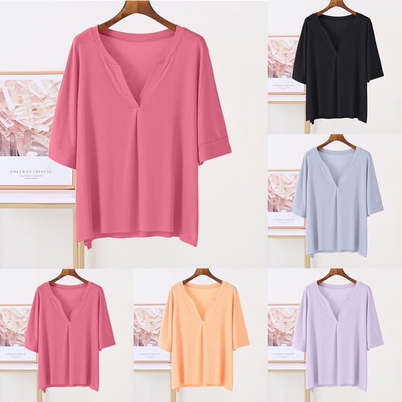 Women's Loose Fit Solid Neck Short Sleeve Top Button Down Blouse Comfy Breathable Cute Trendy Outfits Casual Daily Wear | CSEONE,Blue L