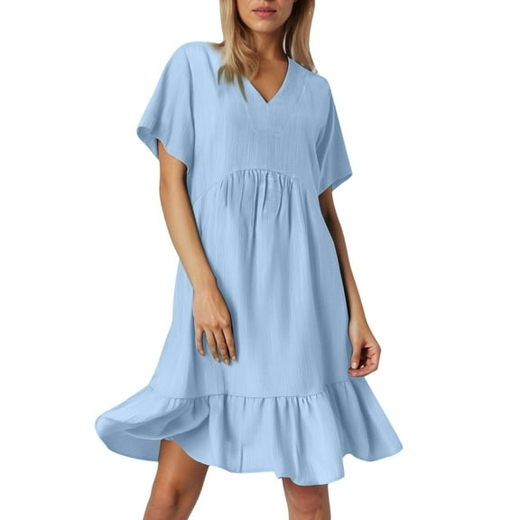 Women's Loose Fit Summer Dress - Short Sleeves, Waist Cincher, Flowy - S-XXXL