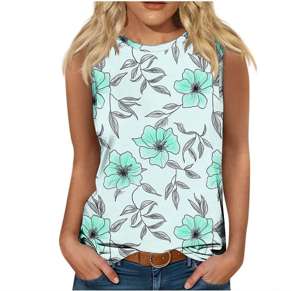 Women's Loose Fit Tank Tops 2025 Summer Casual Sleeveless Shirt Trendy Floral Print Tunic Blouse Daily Versatile Eyelet Crew Neck Basic Top