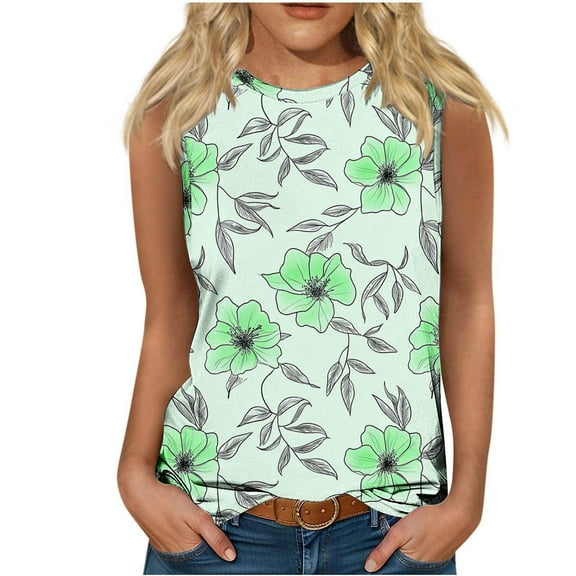 Women's Loose Fit Tank Tops 2025 Summer Casual Sleeveless Shirt Trendy Floral Print Tunic Blouse Daily Versatile Eyelet Crew Neck Basic Top