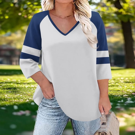 Women's Loose Fit V-Neck 3/4 Sleeve T-Shirt Top with Printed Shoulder Detail for Casual Wear