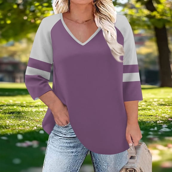 Women's Loose Fit V-Neck 3/4 Sleeve T-Shirt Top with Printed Shoulder Detail for Casual Wear