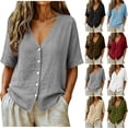 thumbnail image 1 of Women's Loose Fit V Neck Button Short Sleeve Solid Color Cardigan Sweater Casual Tops Comfy Lightweight Outfits | CSEONE,Light Blue XL, 1 of 8