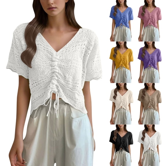 Women's Loose Fit V Neck Up Hollow Out Knitted Short Sleeve Shirt Cardigan Shawl Soft Lightweight Casual Beach Holiday Summer Vacation | CSEONE,Beige L