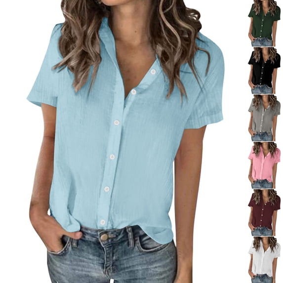 Women's Loose Fit V-Neck Linen Top Shirt Blouse Casual Daily Wear Vacation Beach Loungewear Fashion Essential Gift for Women | CSEONE,Gray L