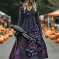thumbnail image 1 of Women's Loose-Fit V-Neck Long Sleeve Gothic Floral Dresses 2025 Halloween Purple Rose Print Dress, 1 of 3