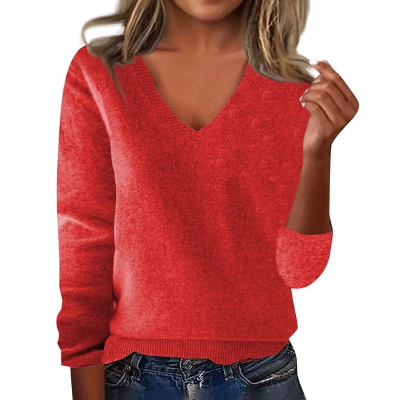 Women's Loose Fit V-Neck Long Sleeve Knit Sweater, Casual Pullover Top for Fall and Winter, Fashion Tunic Blouse