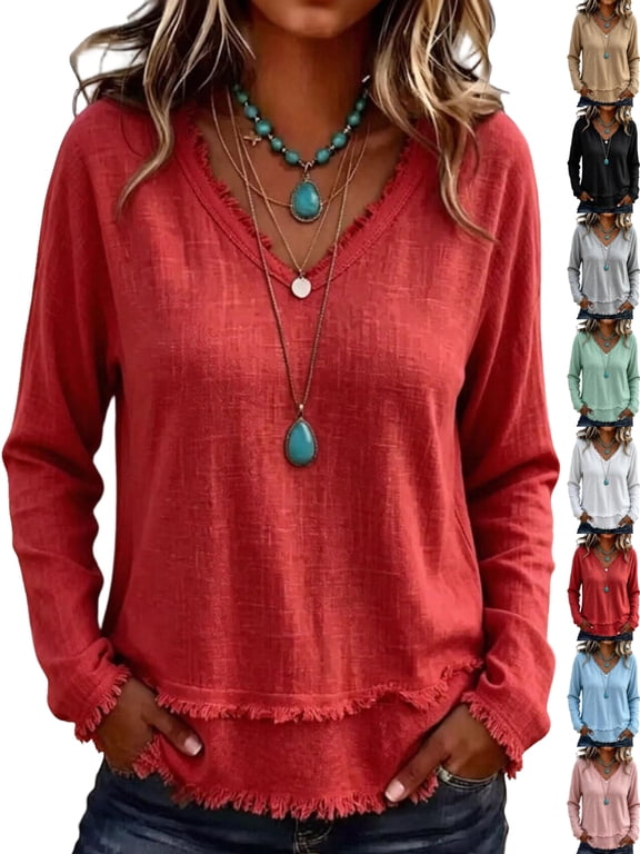 Women's Loose Fit V Neck Long Sleeve Pullover T-Shirts Lightweight Basic Solid Casual Everyday Fall Winter Relaxed Fit Tops