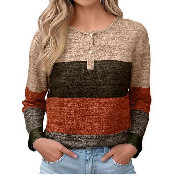 Women's Loose Fit V-Neck Long-Sleeve T-Shirt - Khaki, Button Accents, 5XL Plus Size, Loose Comfort, Casual T-Shirt, Size XXXXXL