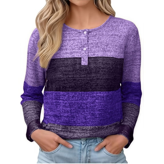 Women's Loose Fit V-Neck Long-Sleeve T-Shirt - Purple, Button Accents, 5XL Plus Size, Loose Comfort, Casual T-Shirt, Size XXXXXL