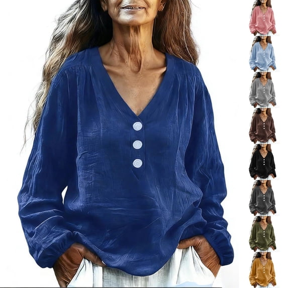 Women's Loose Fit V Neck Long Sleeve Top Shirts Blouses Casual Linen Button Down Tunic Solid Color Soft Relaxed Outfits for Daily Wear Work Office Vacation Fashion Essential Gift for Women