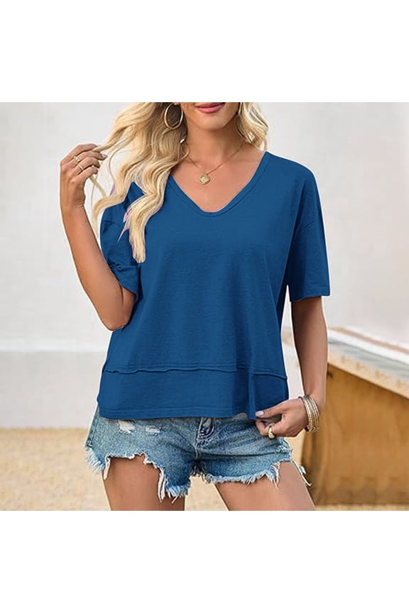 Women's Loose Fit V Neck Mid Length Sleeve Basic Top, Casual Short Sleeve Blouse with Spliced Hem, Lightweight Summer Pullover for Daily Wear Blue XXL