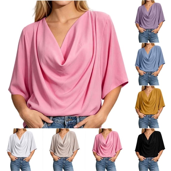 Women's Loose Fit V Neck Pleated Collar Chiffon Casual Top Shirt Blouse Soft Lightweight Work Office Outfits | CSEONE,Black M