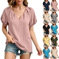 thumbnail image 1 of Women's Loose Fit V Neck Puff Short Sleeve Tunic Blouse Top Comfy Casual Summer Work Office Outfits | CSEONE,Army Green L, 1 of 7