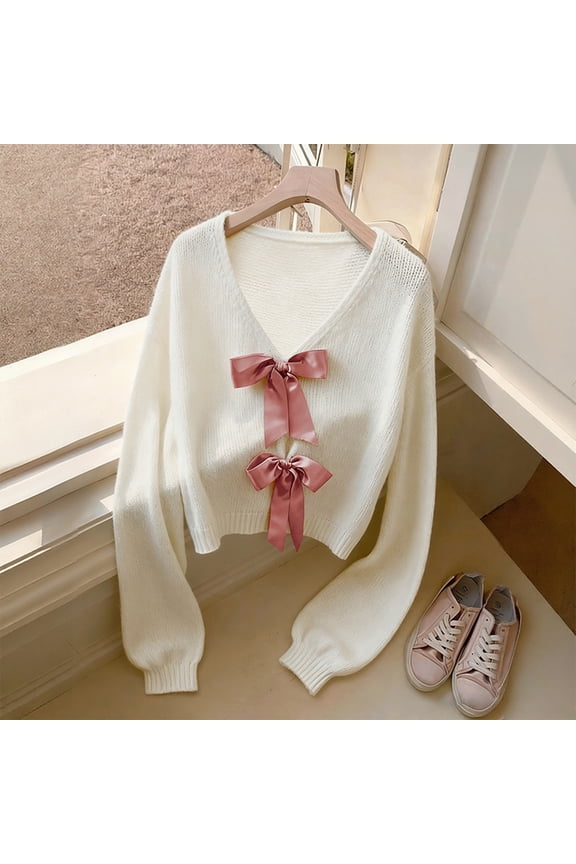 Women's Loose Fit V-Neck Pullover, Long Sleeve Bow Tie Sweater, Casual Knit Top, Butterfly Bow Front Sweater, Loose Fit Knit Shirt, Everyday Loungewear, Fall Winter Top Beige S