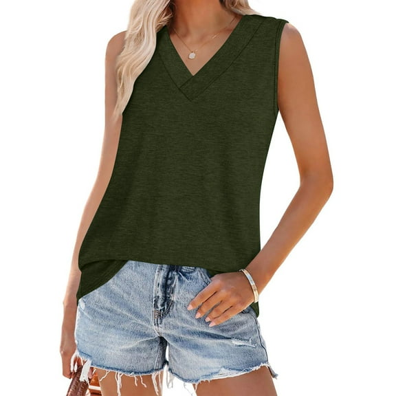 Women's Loose Fit V Neck Sleeveless Cotton Tank Top, Summer Tops for Ladies Army Green XL