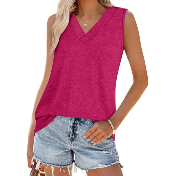 Women's Loose Fit V Neck Sleeveless Cotton Tank Top, Summer Tops for Ladies Hot Pink S