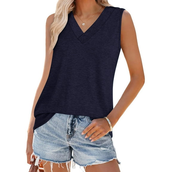 Women's Loose Fit V Neck Sleeveless Cotton Tank Top, Summer Tops for Ladies Navy XL