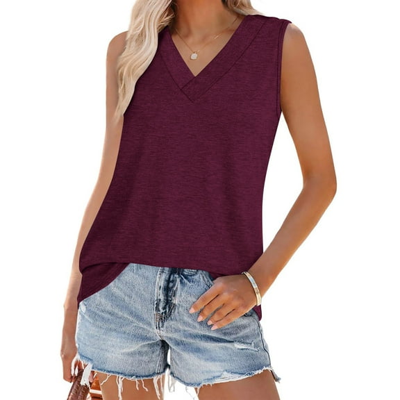 Women's Loose Fit V Neck Sleeveless Cotton Tank Top, Summer Tops for Ladies Wine XL