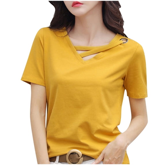 Women's Loose Fit V-Neck Summer Top Short Sleeve Pullover Solid Color Casual Tee Comfortable and Breathable for Everyday