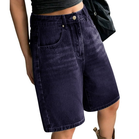 Women's Loose Fit Vintage Denim Mid Length Shorts 5 Pocket Design