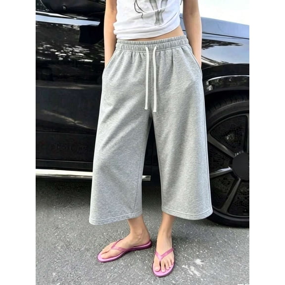 Women's Loose Fit Wide Leg Cropped Pants with Pockets, Versatile Drawstring Trousers for Beach, Travel and Casual Days