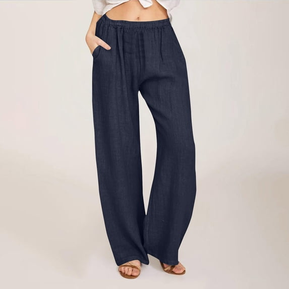 Women's Loose Fit Wide-Leg Linen Blend Casual Pants with Elastic Waist for Everyday Wear