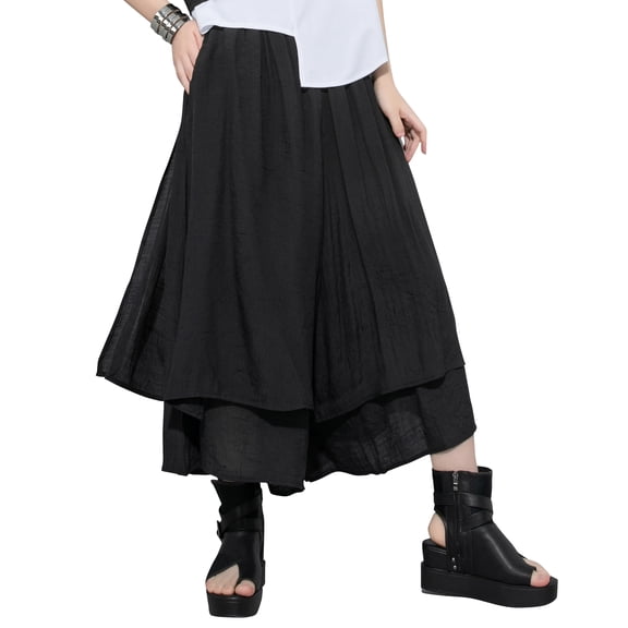 Women's Loose Fit Wide Leg Pants with Side Pockets for Casual Lounge Wear Culottes Style GY2416 Black