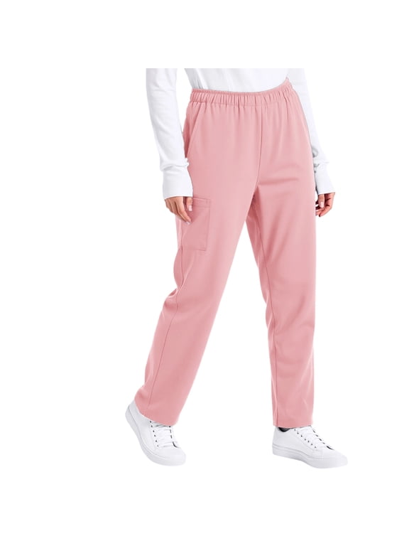 Women’s Loose Fit Work Pants Multiple Pockets Elastic Waistband Utility Trousers for Nursing Healthcare Uniforms Pink M