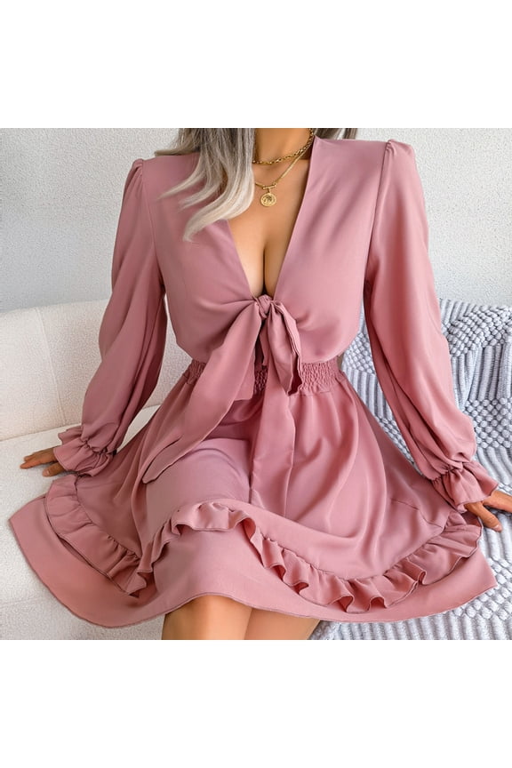 Women's Loose Fitted Ribbed Knitted Flanged Casual V Neck Solid Color Closed Waist Dress Women's Casual Dresses Short Dresses for Teens Summer Dresses Big Dress Casual Dress with Belt Olive Summer