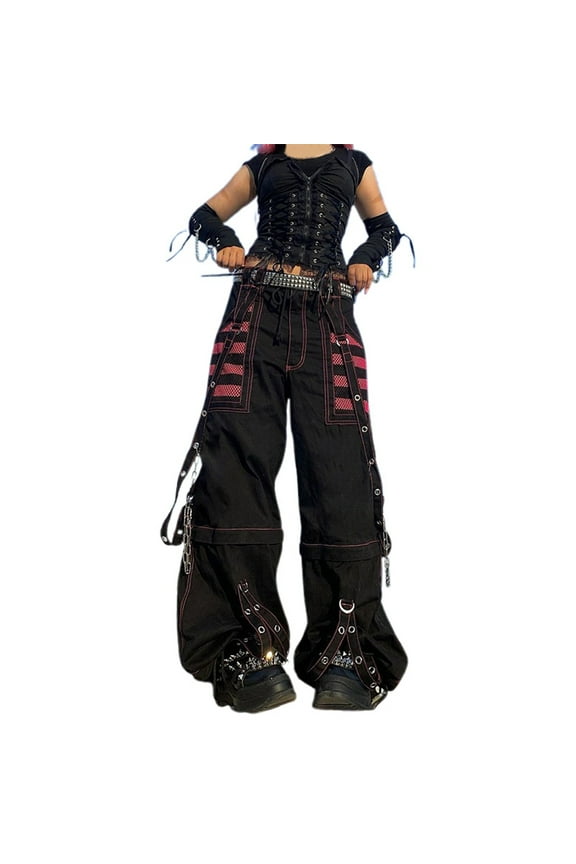 Women's Loose Fitting Color Block Striped Mesh Patchwork Dark Style Chain Detail Flare Jeans