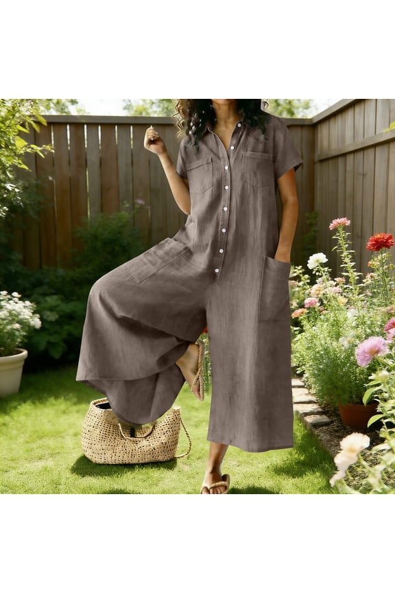 Women's Loose-Fitting Linen Jumpsuit with Short Sleeves and Solid Color