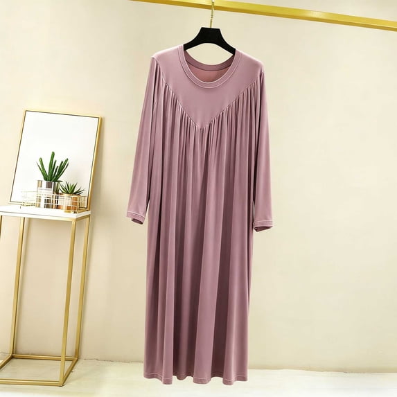 Women's Loose Fitting Nightgown Soft Long Sleeve Crewneck Pleated Sleep Dress Comfortable Nightshirt Purple XL