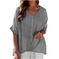 thumbnail image 1 of Women's Loose Fitting Shirts V Neck Wrap Ruched Short Sleeve Shirts Solid Color Button Tops, 1 of 7