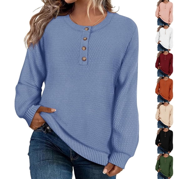 Women's Loose-Fitting Solid-Color Button-Up Long-Sleeved Round-Neck Pullover Knit Sweater Top for Fall Winter Button Front Style,Light Blue,L