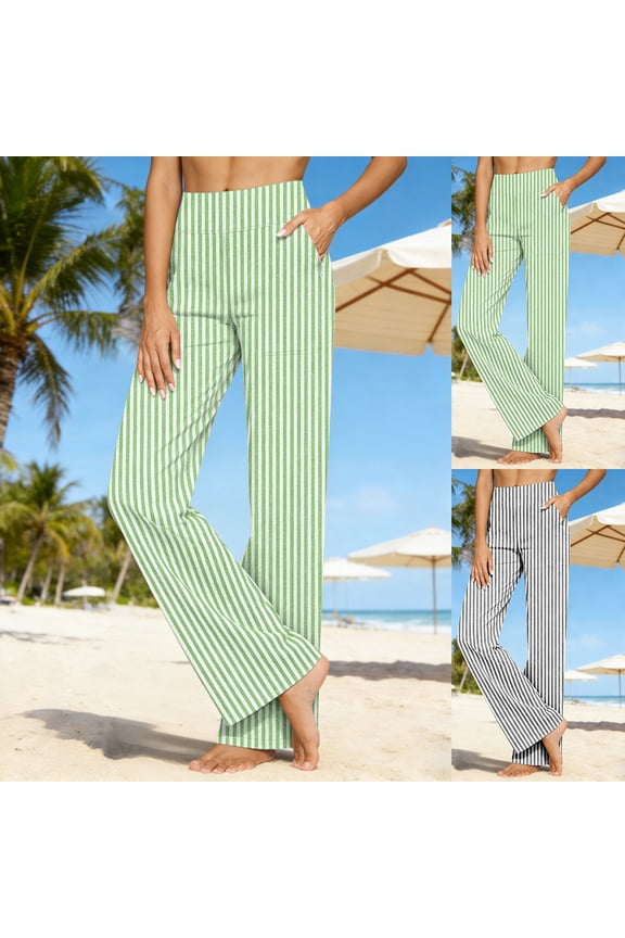 Women's Loose High-Waist Linen Pants Wide Leg Pants Fashion Striped Trendy Casual Long Pants With Pocket, 65% Hemp, 35% Polyester | UKHCCC,Gray M