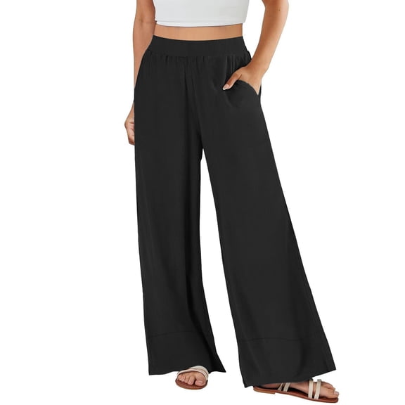 Women's Loose High Waist Wide Leg Pants, Cotton Linen Solid Color Straight Leg Trousers with Pockets, Casual Flare Pants for Spring and Summer,Black,S
