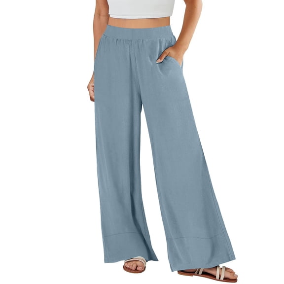 Women's Loose High Waist Wide Leg Pants, Cotton Linen Solid Color Straight Leg Trousers with Pockets, Casual Flare Pants for Spring and Summer,Blue,M
