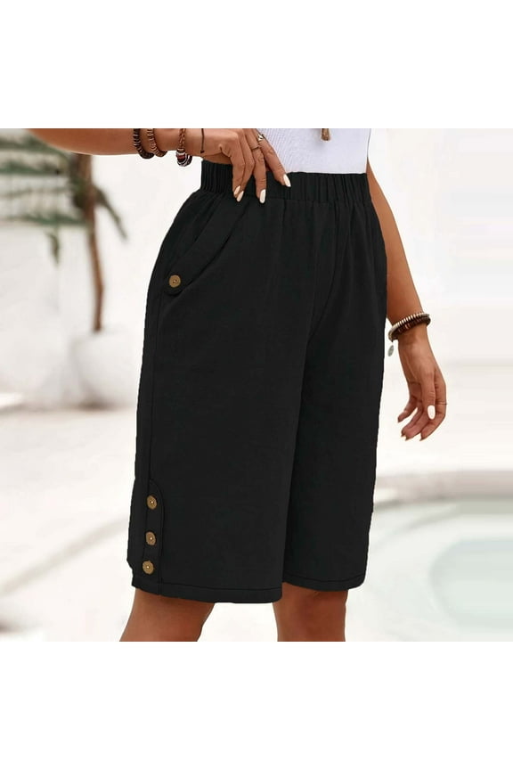 Women's Loose High Waisted Bermuda Shorts Elastic Waist Shorts Casual with Pockets Black 2XL