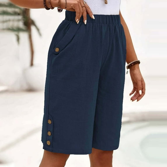 Women's Loose High Waisted Bermuda Shorts Elastic Waist Shorts Casual with Pockets Blue 2XL