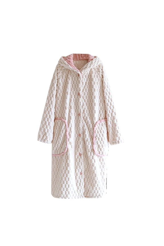Women's Loose Hooded Robe - Thick Plush Coral - Long Sleeve Bathrobe with Pockets, Warm for Autumn/Winter, Two Sizes