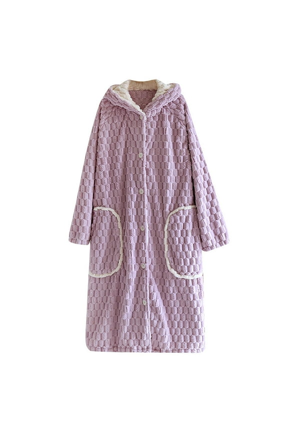 Women's Loose Hooded Robe - Thick Plush Coral - Long Sleeve Bathrobe with Pockets, Warm for Autumn/Winter, Two Sizes