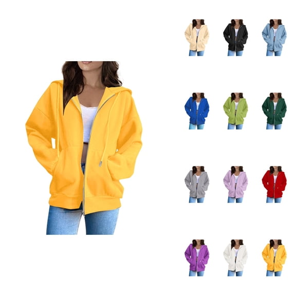 Women's Loose Hooded Zipper Hoodie, Long Sleeve Oversized Jacket with Pockets, Solid Color, Y2K Fashion