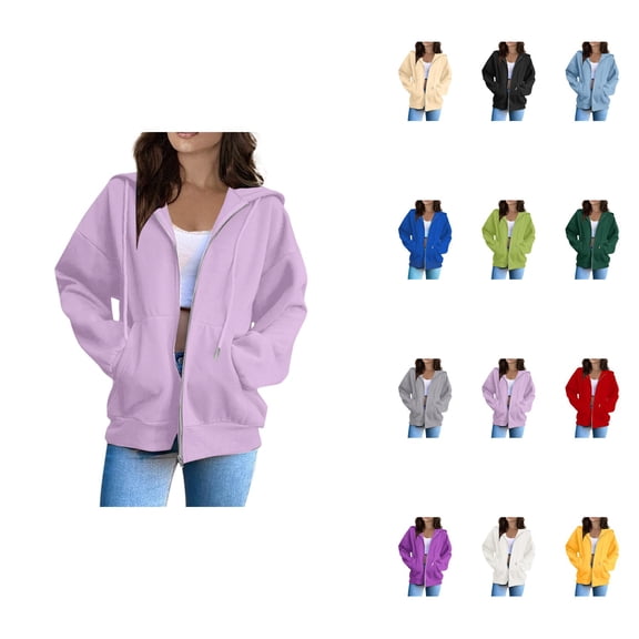 Women's Loose Hooded Zipper Hoodie, Long Sleeve Oversized Jacket with Pockets, Solid Color, Y2K Fashion