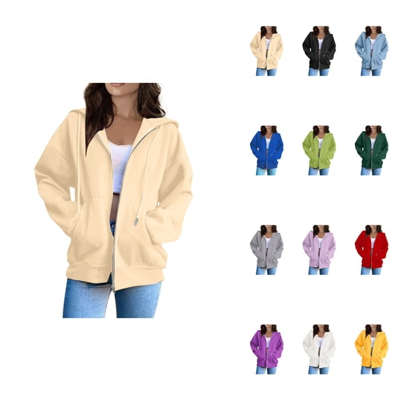 Women's Loose Hooded Zipper Hoodie, Long Sleeve Oversized Jacket with Pockets, Solid Color, Y2K Fashion