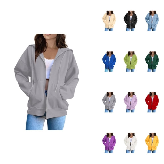 Women's Loose Hooded Zipper Hoodie, Long Sleeve Oversized Jacket with Pockets, Solid Color, Y2K Fashion